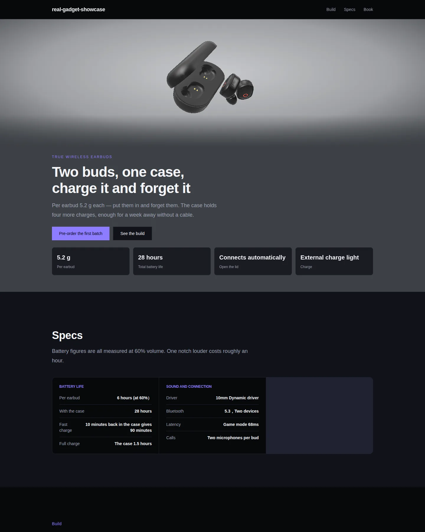 Screenshot of the Real earbuds product page home page