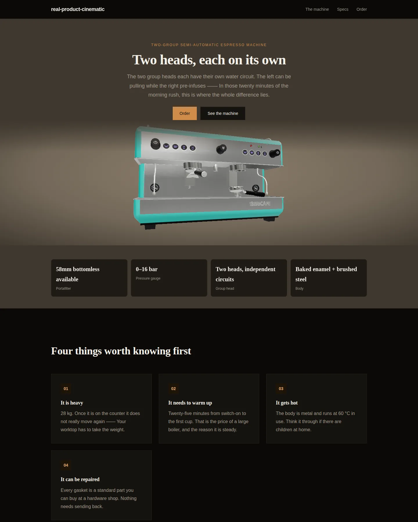 Screenshot of the Real product cinematic page home page