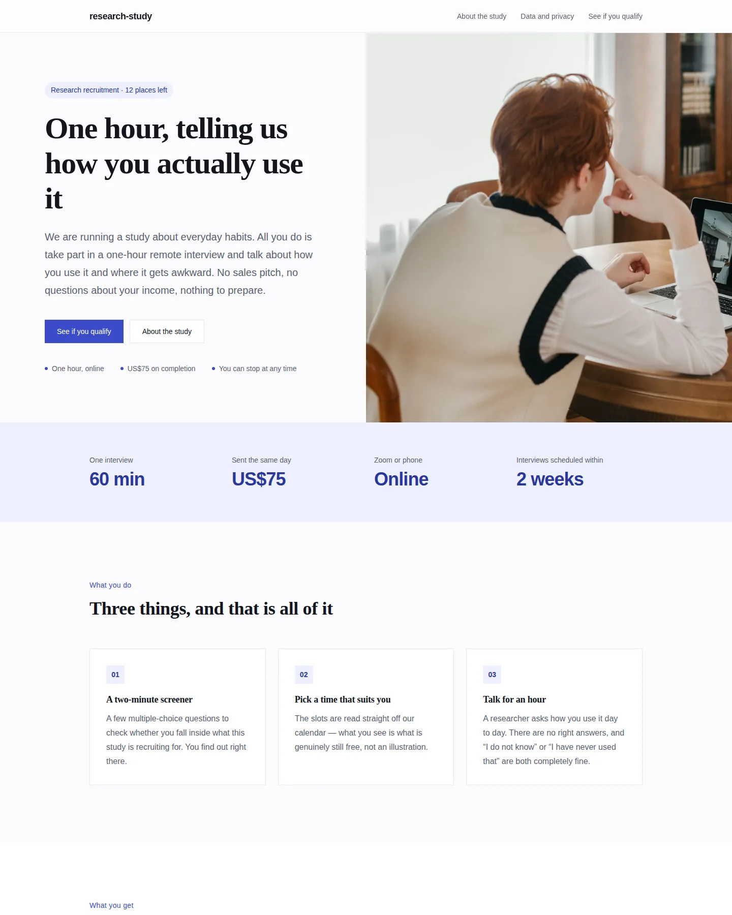 Screenshot of the Research study recruitment home page