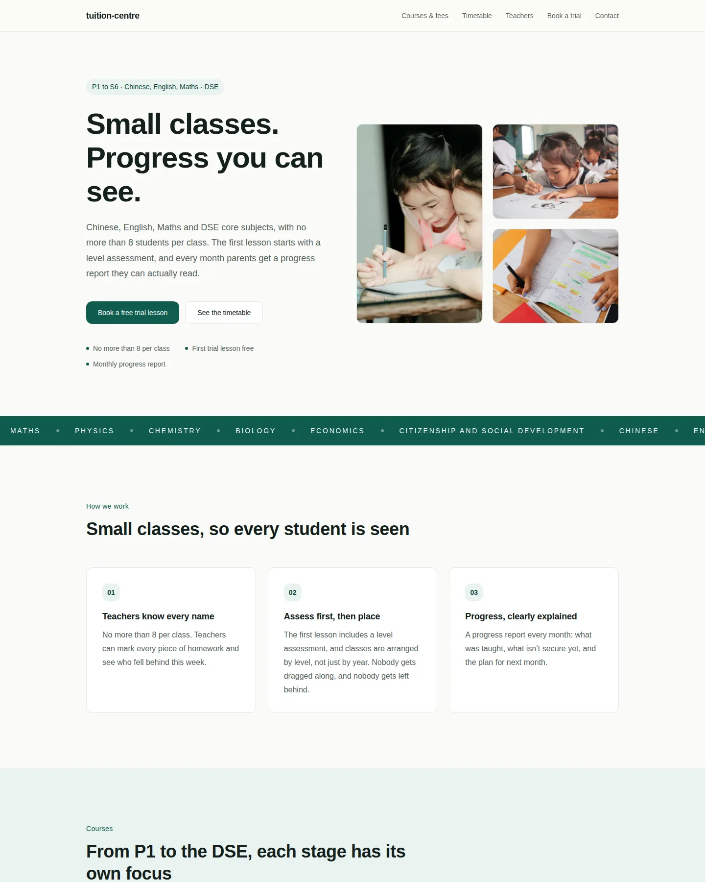 Screenshot of the Tuition centre (small classes · DSE) home page